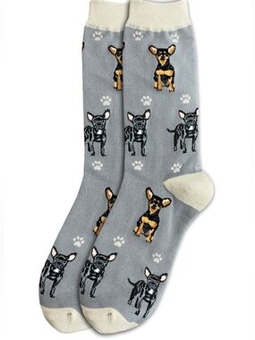 Happy Tails Novelty Dog Print Crew Socks - Gray with Tan Accents OSFM